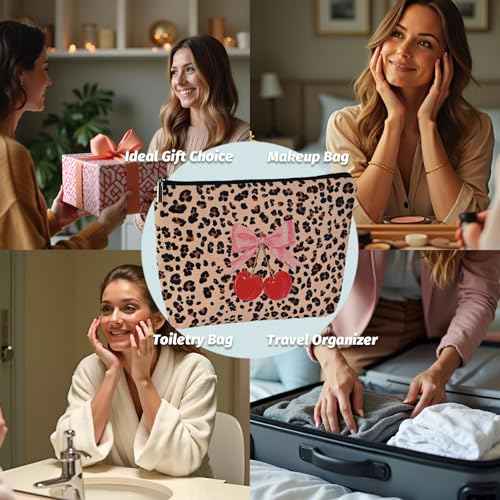 Leopard Print Cherry Makeup Bag,Cosmetic Bag for Women, Large Capacity Toiletry Bag,Zipper Pouch, Travel Accessories Storage with Lining