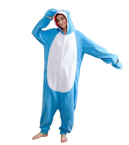 Focupaja Shark Pajamas Adult Animal Cosplay Costume One Piece Cartoon Homewear Sleepwear Onesie for Women Men Dark Blue XL