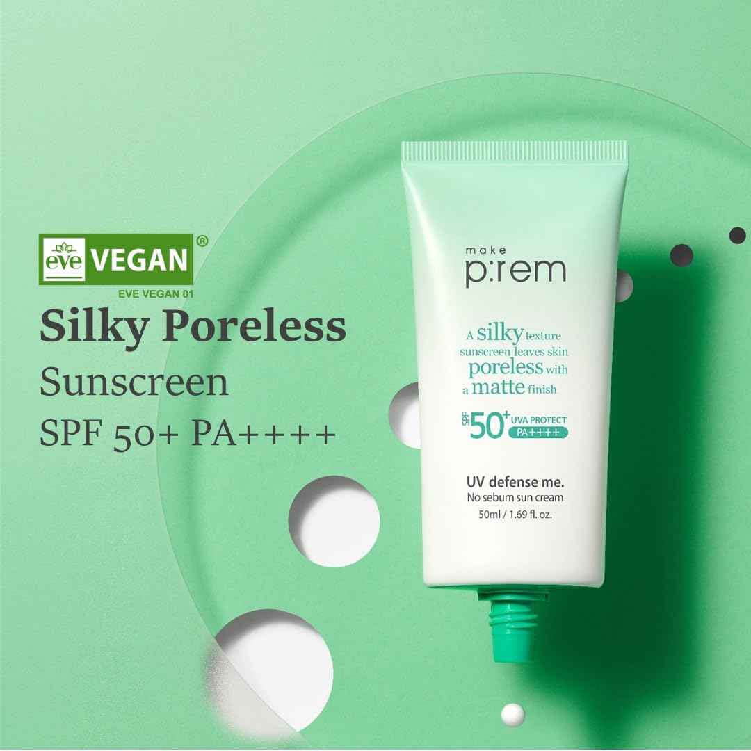 MAKE P:REM UV Defence me. No Sebum Sunscreen, SPF 50+ PA++++ Reef-Safe Silky Texture with Poreless and Matte Finish, UVA/UVB Protection, Korean Sunscreen, 1.69 fl. oz. (50ml)