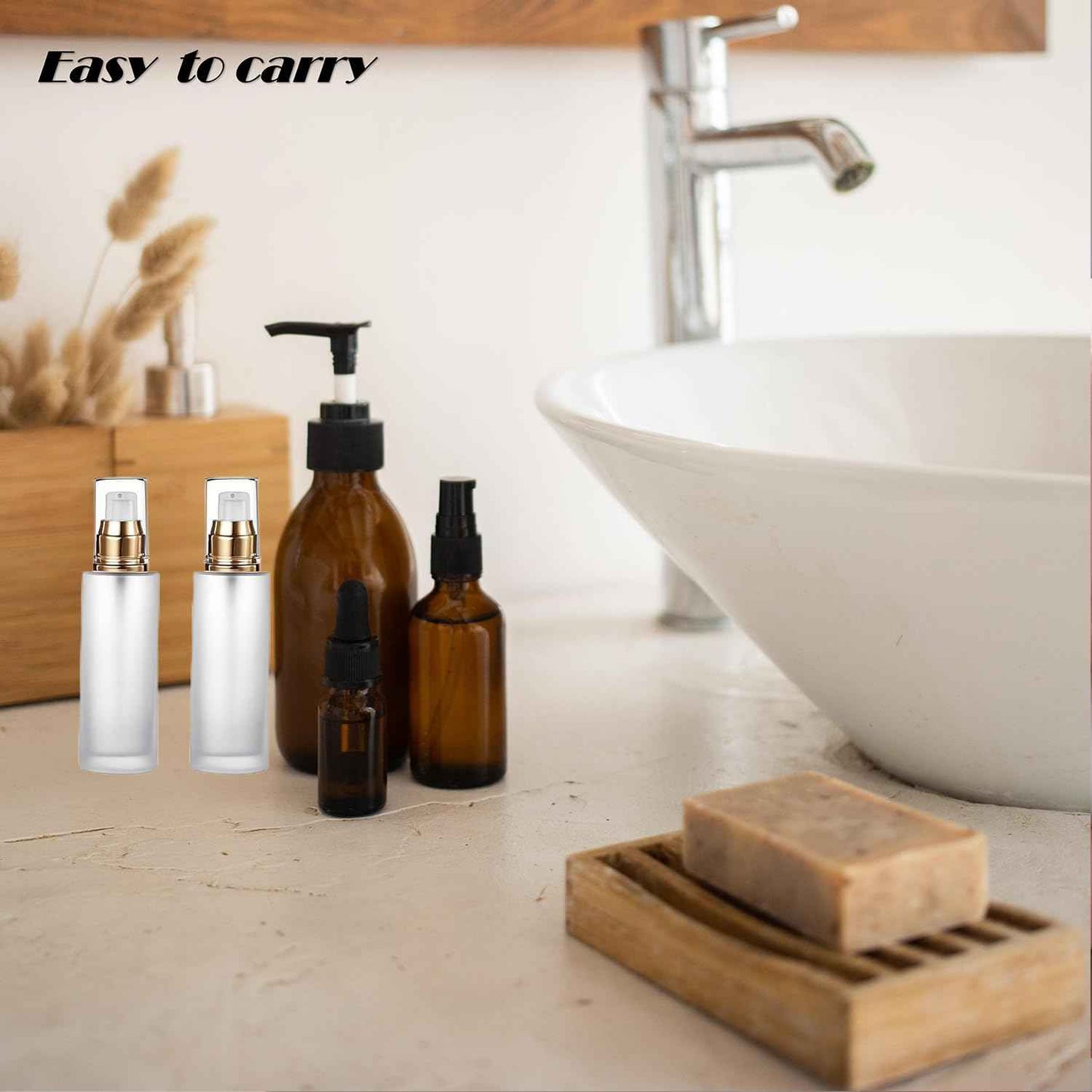 Doromy 3Pcs Frosted Glass Lotion Pump Bottles Refillable Comestic Bottles Empty Travel Containers 60ml/20z with Pump Dispensers For Makeup Cream Emulsion Lotion Essential Oils