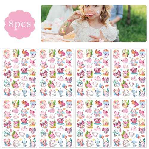 Pink Cute Axolotl Temporary Tattoos - 8 Sheets 200 Pcs Axolotls Birthday Party Decorations Supplies Kawaii Reptile Animals Salamander Tattoo Stickers for Girls Kids School Rewards Gifts