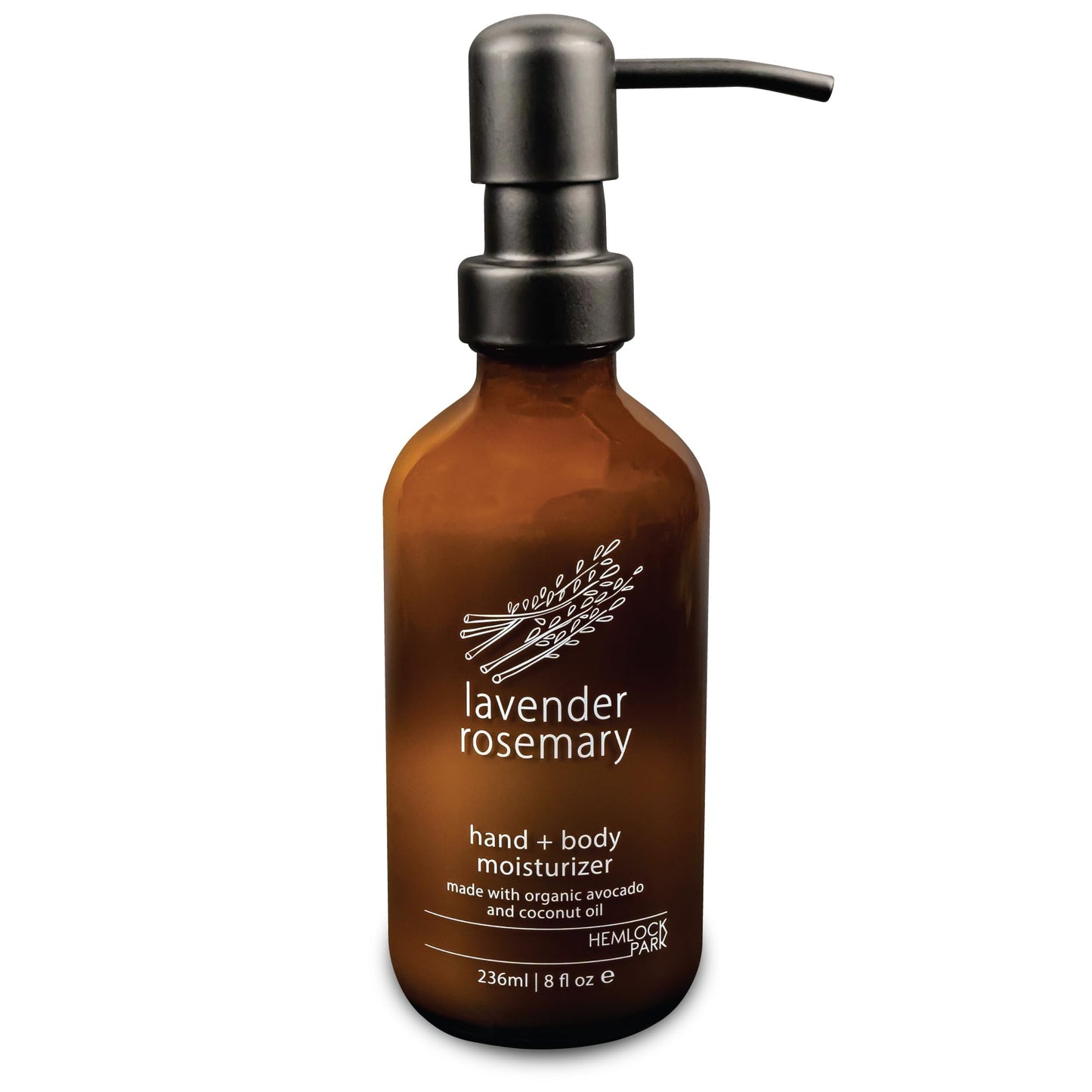 Hemlock Park Lavender Rosemary Natural Hand & Body Lotion | Nourishing Moisturizer with Organic Coconut Oil, Avocado Oil, Almond Oil & Plant-Based Essential Oils | 8 oz Glass Bottle