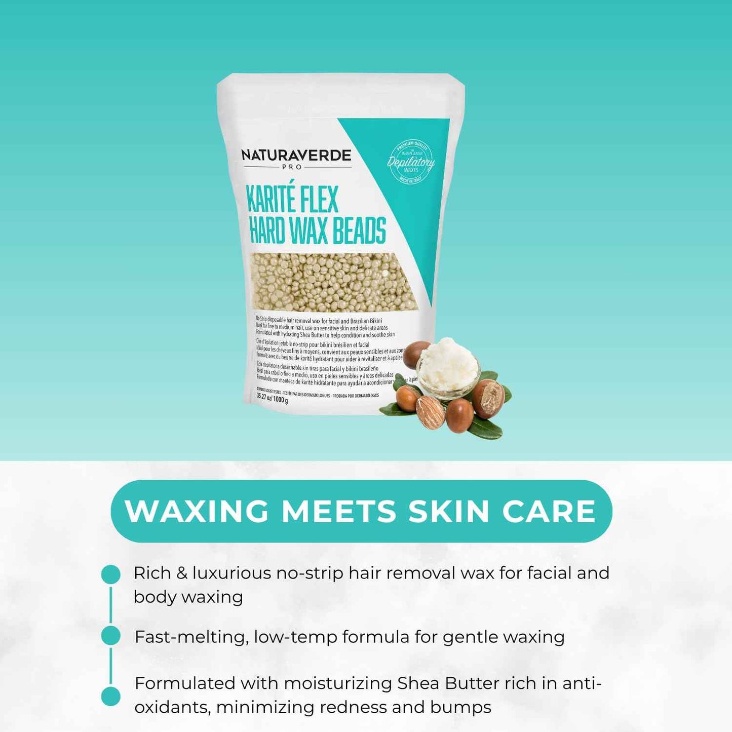 NaturaverdePro Karite Flex Hard Wax Beads, Body and Facial Hair Removal, Brazilian Bikini Wax for Women with Hydrating Shea Butter and Vitamin E - 2.2 lbs