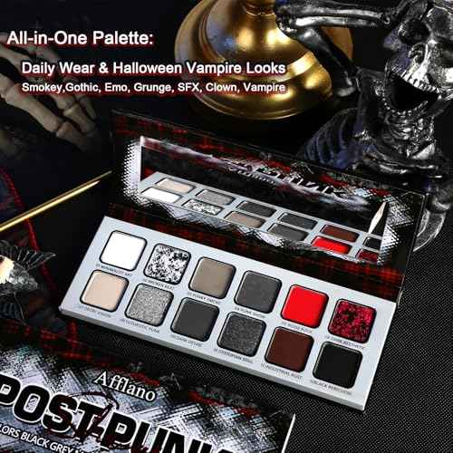 Afflano Goth Makeup Gray Black Eyeshadow Palette, Grunge Smokey Eye Eyeshadow Palette Highly Pigmented, Blendable Chrome Glitter Silver White Grey Dark Red Eye Shadow Palette, Emo SFX Halloween Makeup