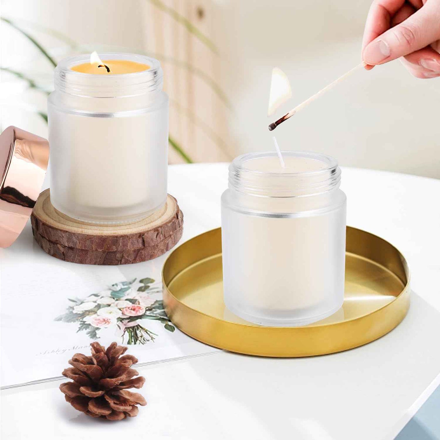 Furnido 6 Pack 8 oz Frosted White Round Glass Jars,Empty Glass Cosmetic Jars with Rose-Golden Lids,Inner Liners for Lotion,Powders,Ointments,Body Butter,Candle Making