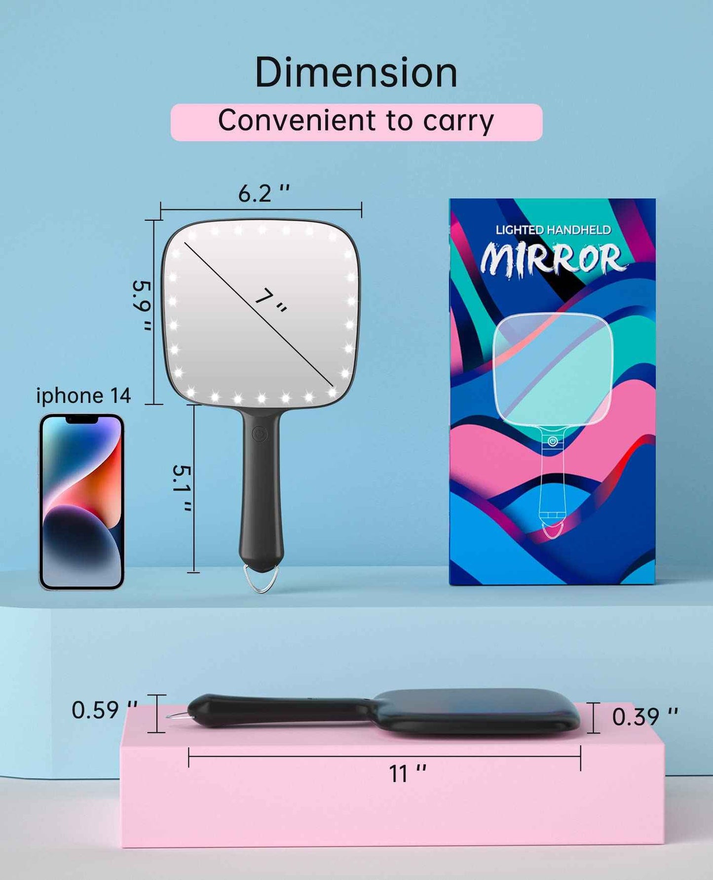 Famihomii Lighted Handheld Mirror, 6.2"x 5.9" Square Glass Frame with LED Beads, Battery Operated, Ideal for Haircut, Shaving, Makeup, and Wound Care