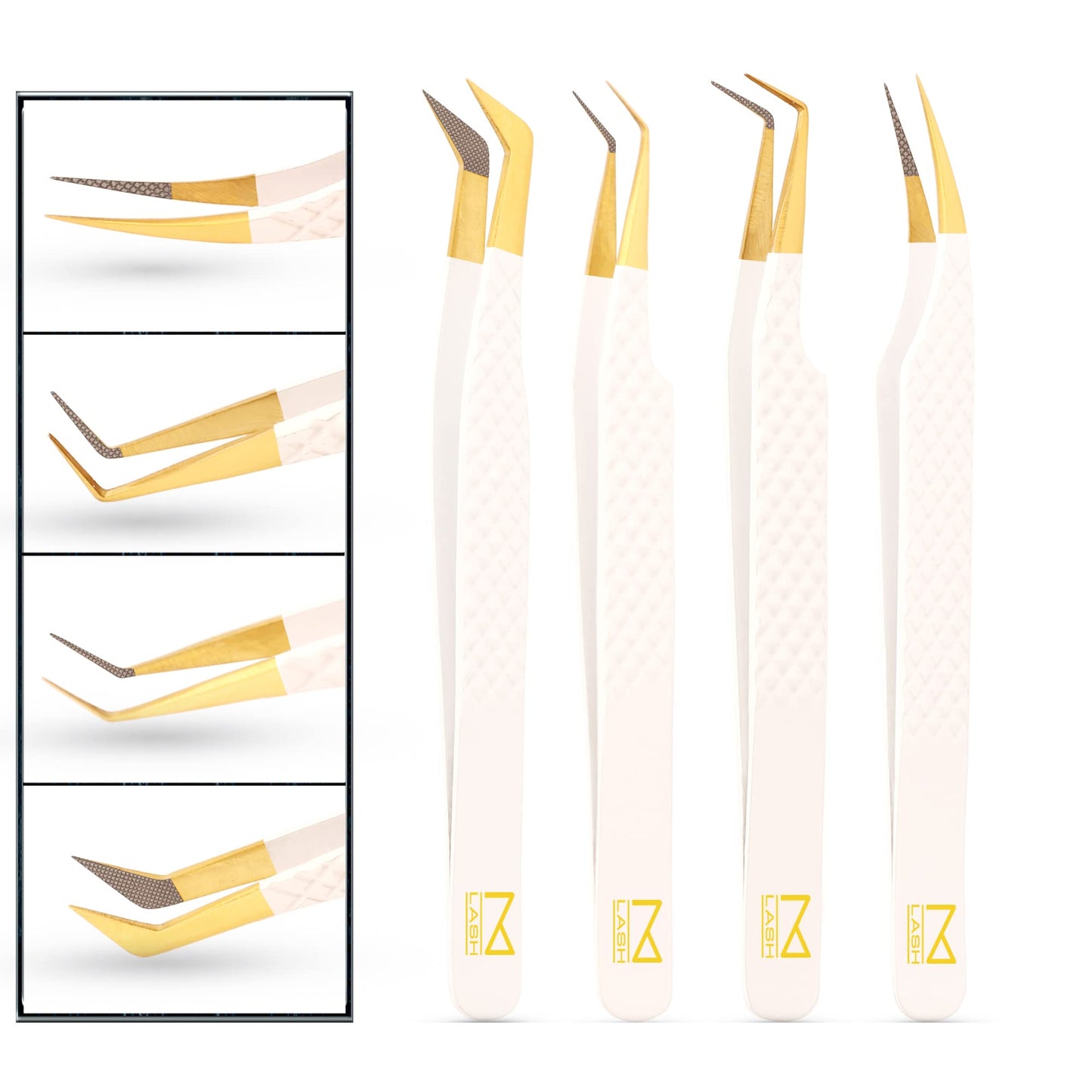 M LASH Eyelash Extension Tweezers (Set of 4) - Professional & Precision Lash Tweezers for Eyelash Extensions - Japanese Steel, Diamond Grip, Fiber Tip V5 (White)