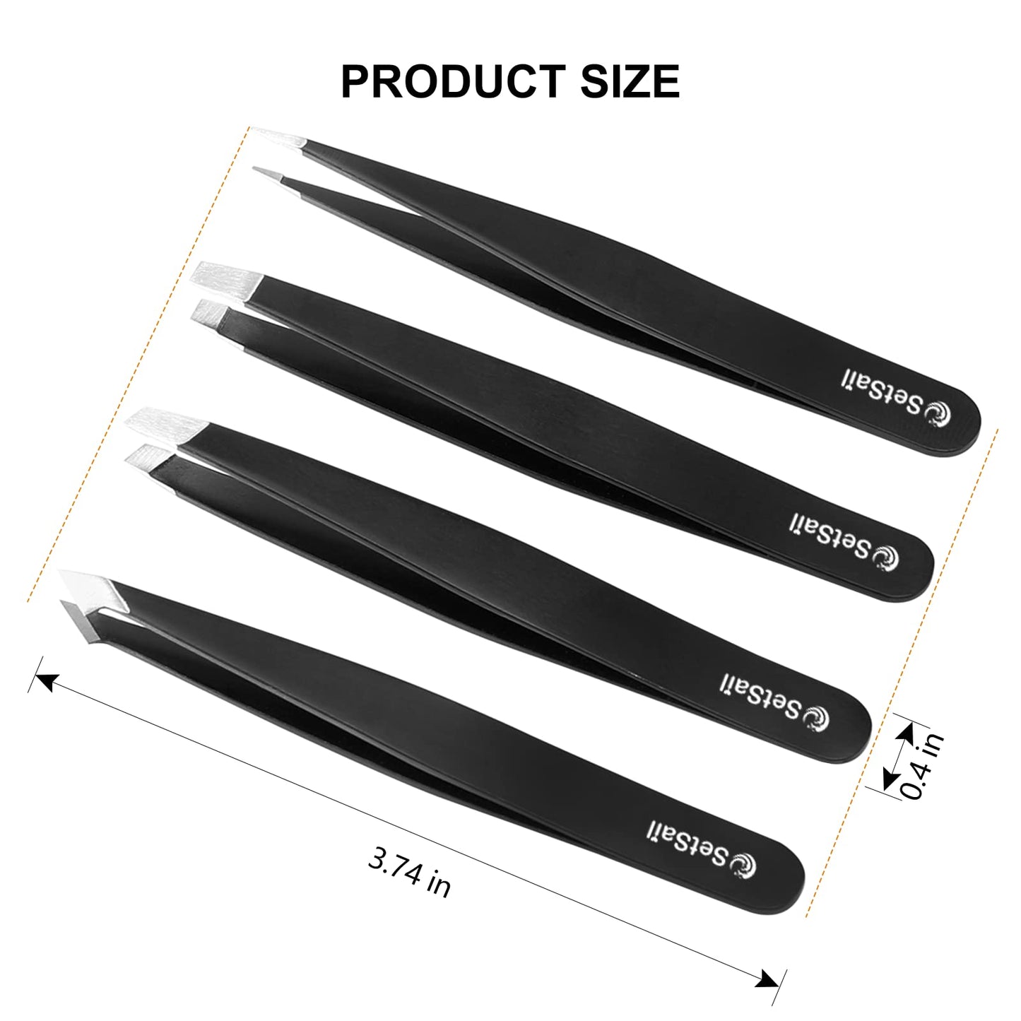 SetSail 4-Piece Tweezers Set, Eyebrow Tweezers Black Stainless Steel Slant, Slanted Pointed, Round Pointed & Flat Tip Tweezers for Precision Grooming for Women & Men