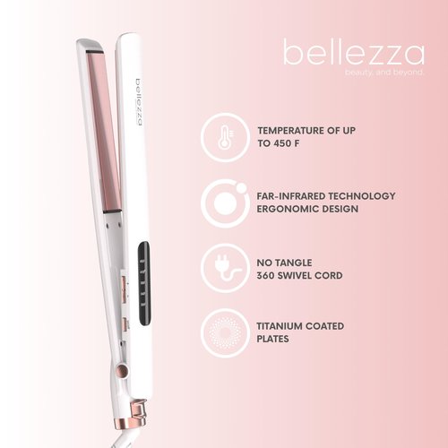 Bellezza SleekBeauty 1” Digital Flat Iron - Ultra-Slim Design - Precise LED Heat Settings to 450°F - Ceramic Plates - Hair Straightener (White Pink Rose)