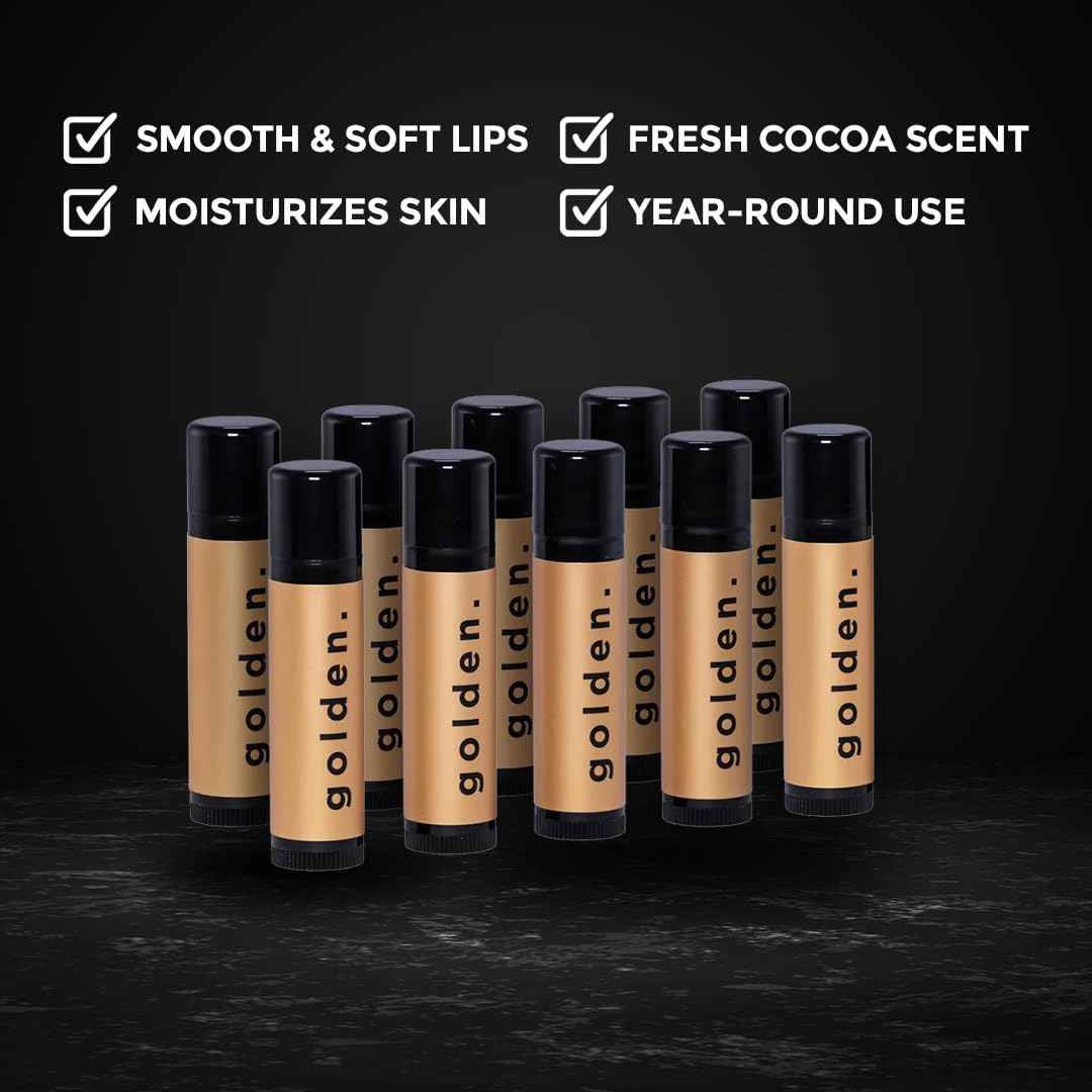 Golden Grooming Co. Lip Balm Set for Men - Soothing & Moisturizing Lip Balms for Dry, Cracked, Chapped Lips - Infused with Aloe Vera & Vitamin E - Vanilla Scent - Pack of 10