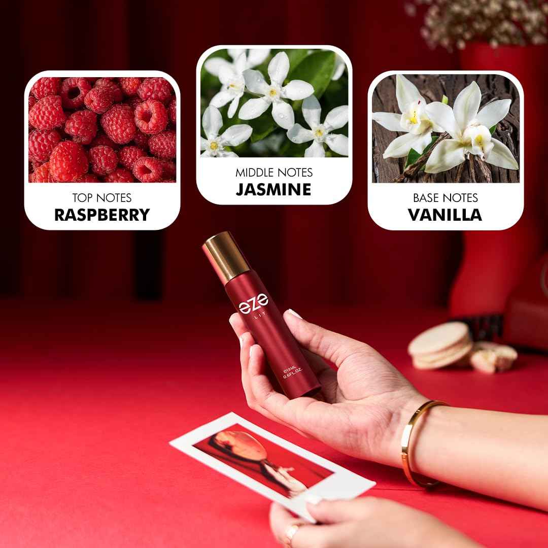 Eze Elevate LIT Eau de Parfum for Women 18ML | Long-Lasting Luxury Perfume | Raspberry & Sour Cherry Scent | Floral Jasmine & Violet | Warm Musk, Vanilla & Cashmeran Base | Premium Fragrance | EDP