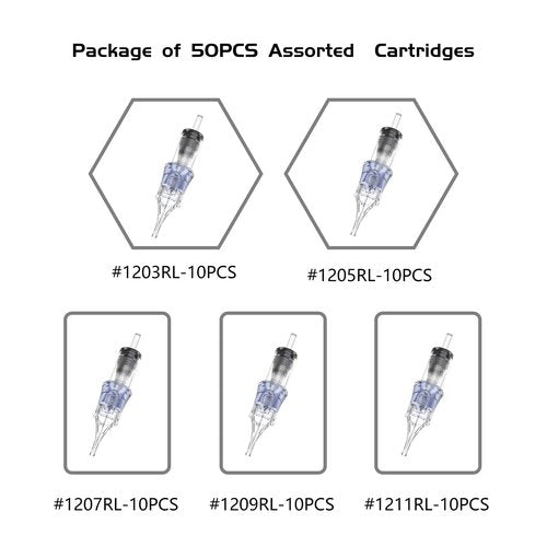 BRONC Assorted Tattoo Cartridge Needles 50pcs Mixed Tattoo Needle Cartridges Round Liner 0.35mm #12 Standard RL (3RL 5RL 7RL 9RL 11RL) for Rotary Tattoo Machine