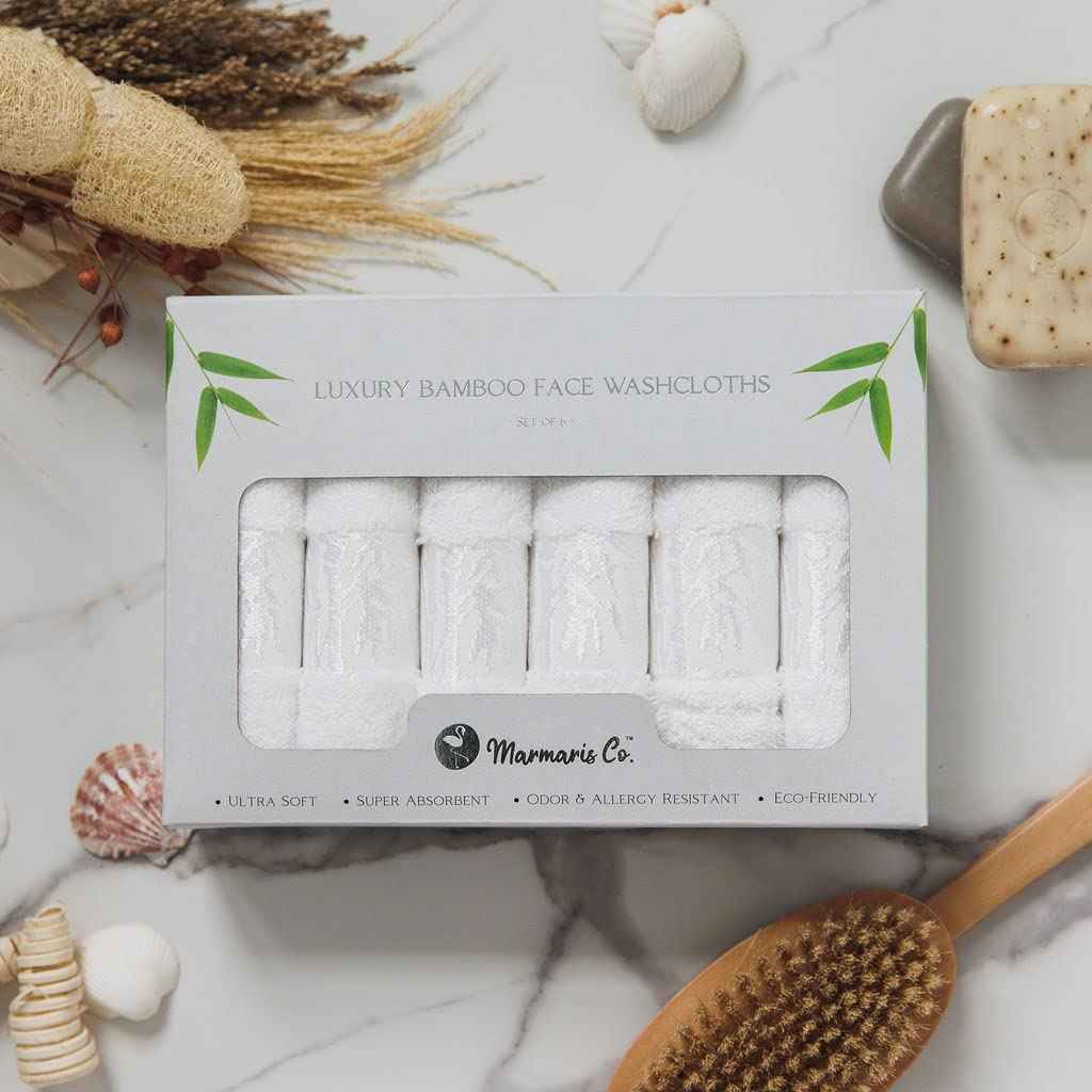 Marmaris Co. Set of 6 Luxury Wash Cloths for Your Face Viscose Bamboo & Turkish Cotton, White Wascloths