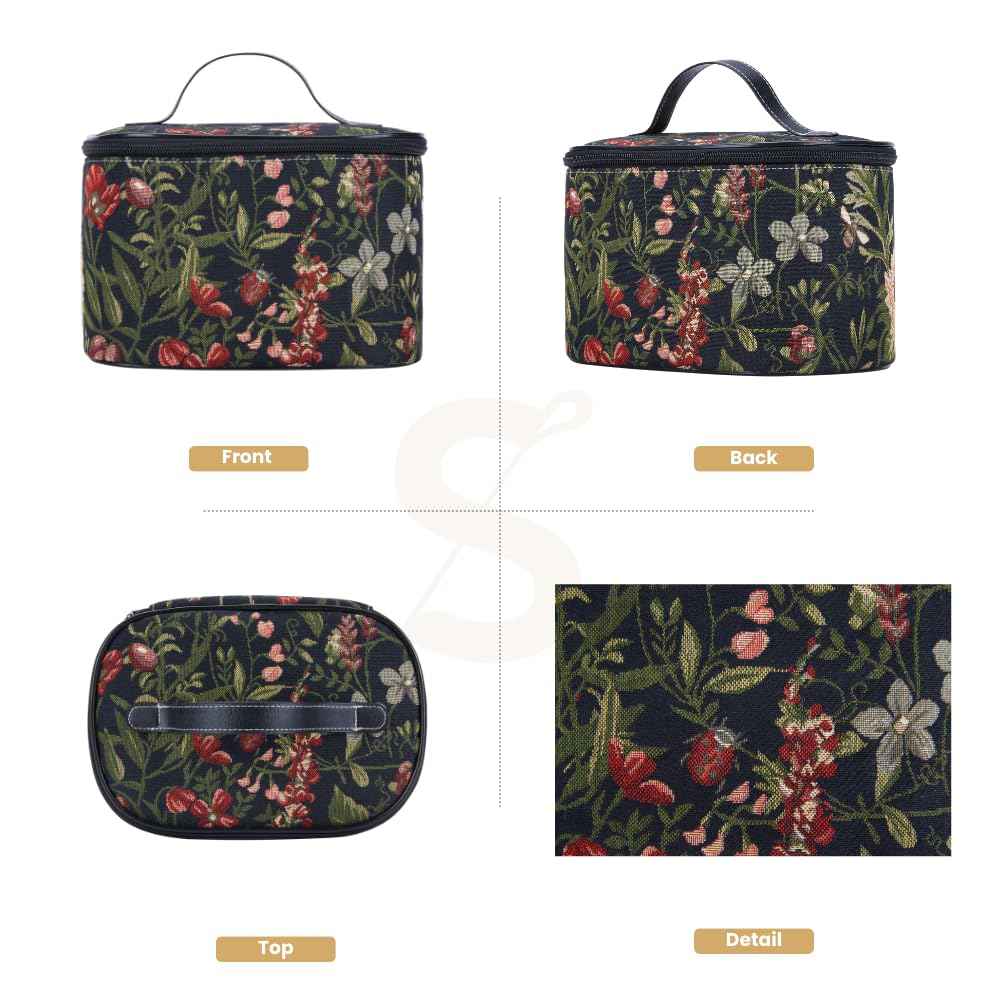 Signare Tapestry Toiletry Bag Makeup Organise bag for Women in Morning Garden Black Design (TOIL-MGDBK)