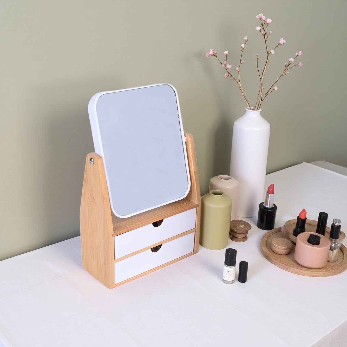 PYSYY 1x / 5X Magnifying Makeup Mirror, Jewelry and Cosmetics Storage Box with Double Drawers, Adjustable Natural Bamboo Stand, 360° rotatable Vertical Desktop Mirror (1, Rectangle)