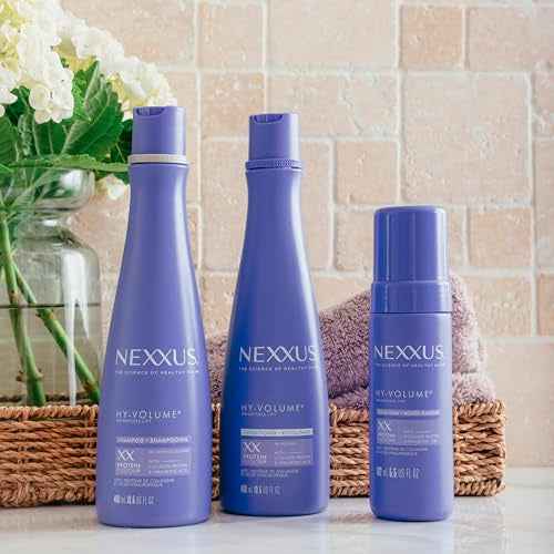 Nexxus HY-VOLUME Weightless Lift Shampoo, Conditioner & Foam 3 Pack PROTEIN FUSION with Collagen Protein & Hyaluronic Acid For Flat & Limp Hair for 48 Hours of Volume 13.5 fl oz & 5.5 fl oz