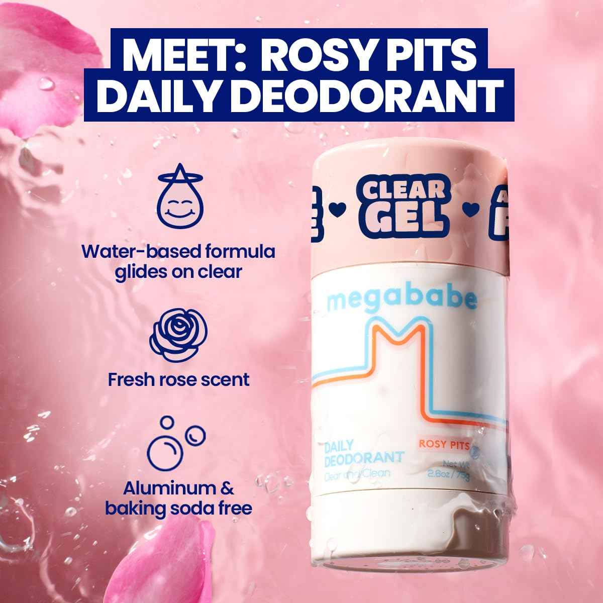 Megababe Daily Deodorant - Rosy Pits | 72 hour Odor Protection | Aluminum-Free, Clear & Clean | 2.6 oz - 2 Pack