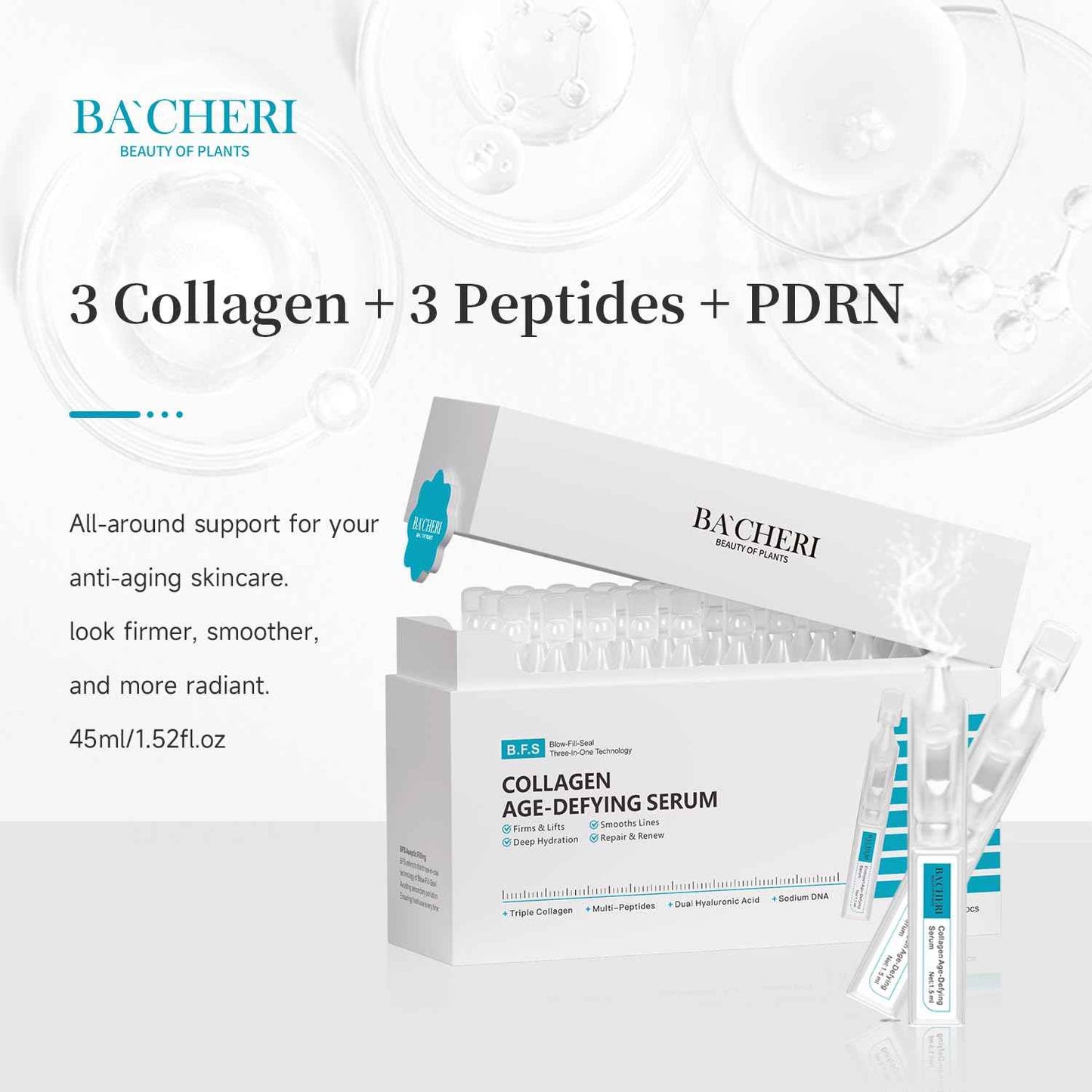 BACHERI Collagen Peptide Anti-Aging Serum with PDRN – Triple Collagen, Peptide Complex & Botanical Extracts for Firming, Hydration & Skin Barrier Repair – Ampoule Serum Set 1.5ml x 30