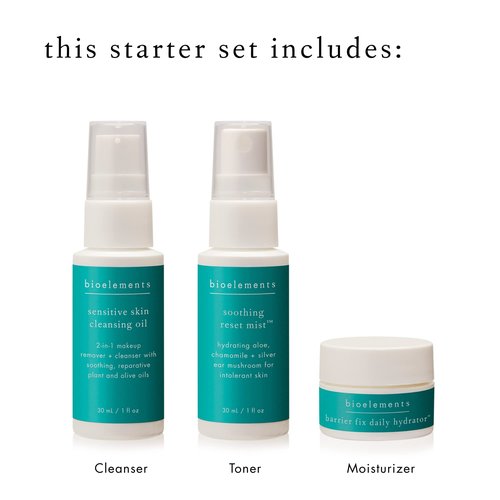 Bioelements 3-Step Mini Starter Set: Sensitive Skin - Includes Cleansing Oil, Soothing Reset Mist Toner & Barrier Fix Daily Hydrator Moisturizer - Vegan, Gluten Free - Never Tested on Animals