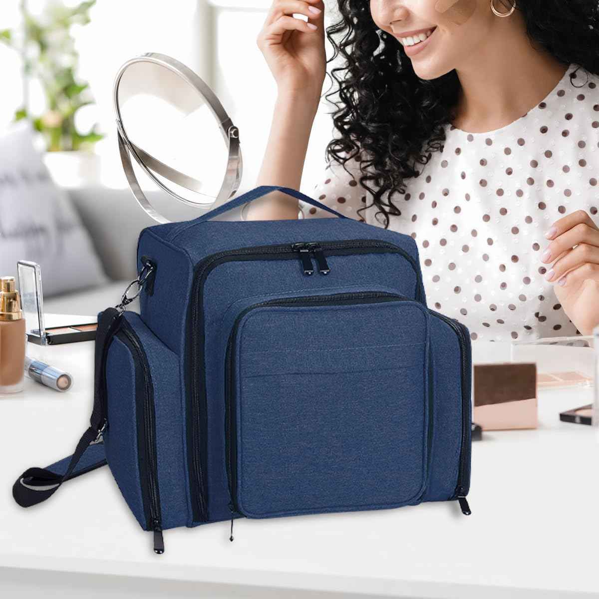 BAOMANYUHA Large Makeup Bag Cosmetic Case Organizer with 3 Inner Removable Pouches Multifunctional Travel Train Storage,Blue