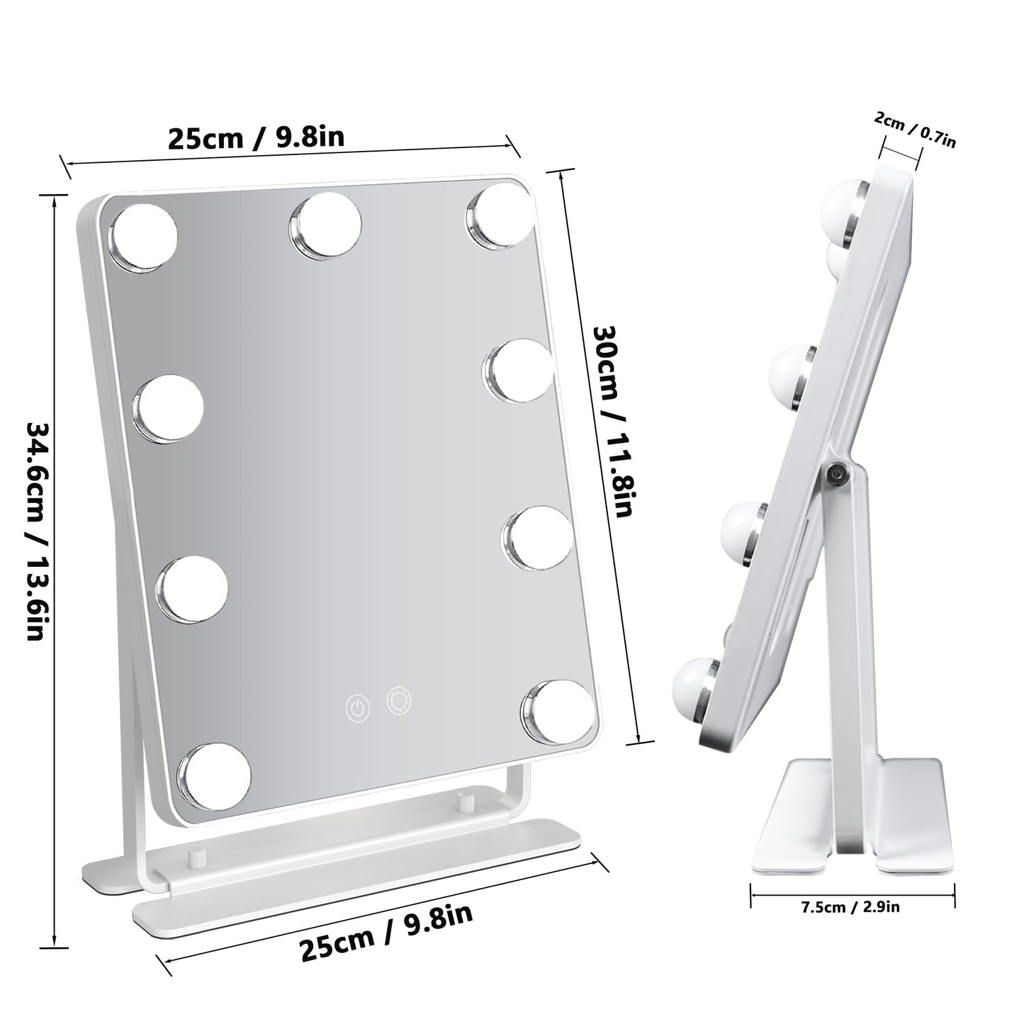 TUSHENGTU Hollywood Vanity Mirror with Lights 9" x 11", Lighted Makeup Mirror with 10X Magnification & 9 LED Bulbs Dimmable, 3 Colors Modes, Touch Control, Plug in Vanity Mirror with Lights, White
