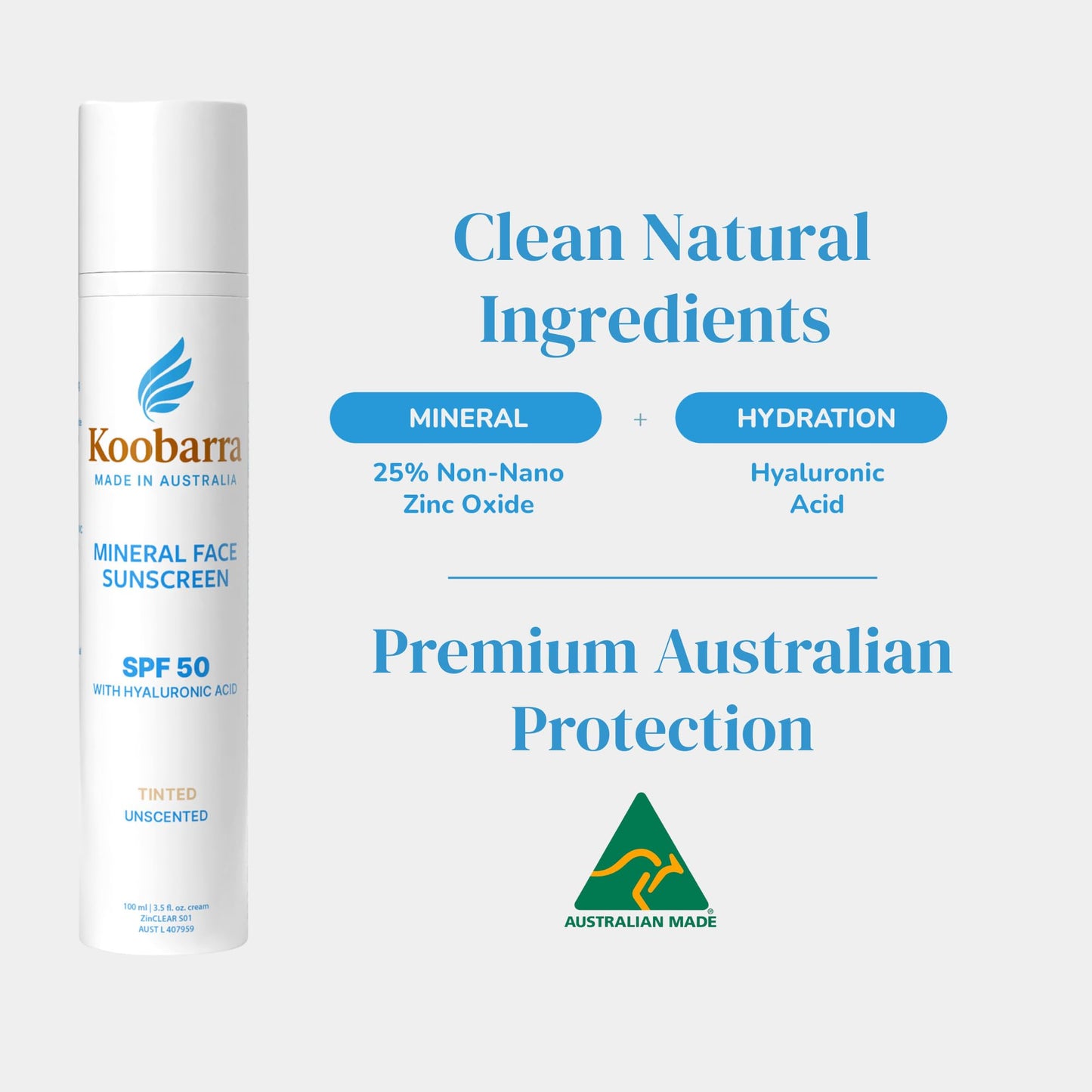 Koobarra Mineral Face Sunscreen SPF 50, Tinted Aussie Zinc Oxide Sunblock with Hydrating Hyaluronic Acid, Reef Safe, Natural, Vegan, Australian Made, 80min Water Resistant, Unscented, 100g 3.4oz