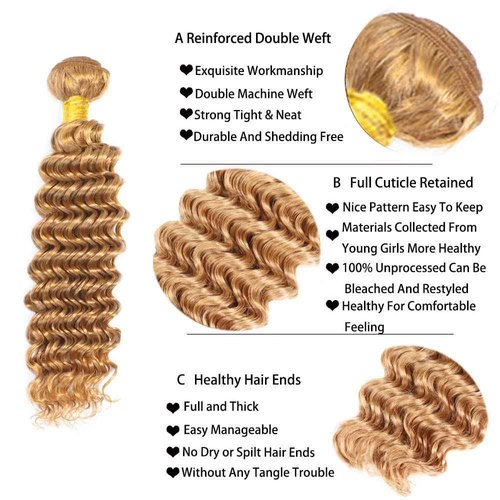 #27 Honey Deep Wave Human Hair Bundles 3 Bundles Deep Wave Hair Brazilian Virgin Human Hair Extensions Unprocessed Hair Bundles for Women 16 18 20 Inch