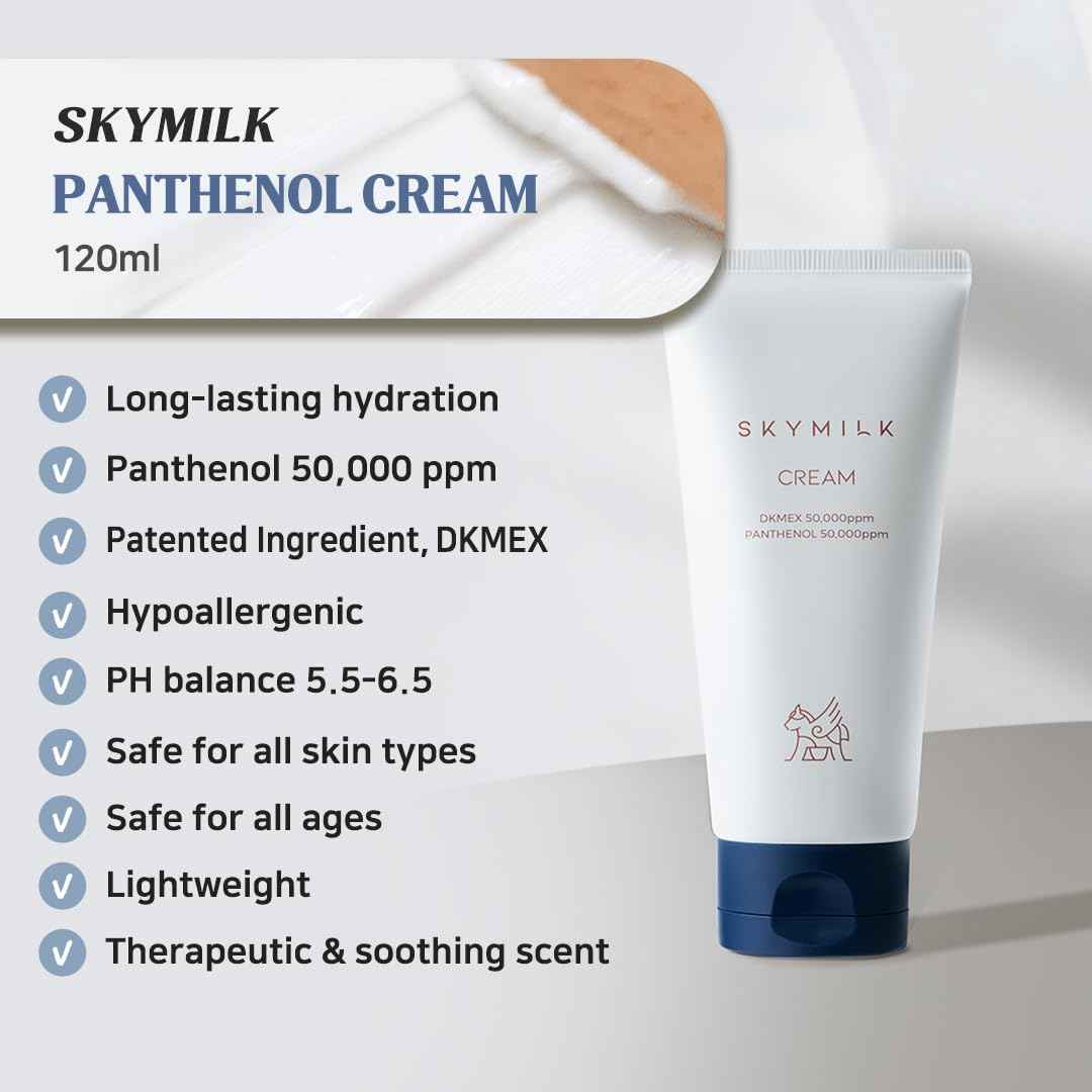 SKYMILK Panthenol Cream with Donkey Milk | 120 ml 4.05 Fl.Oz | Non-Sticky | Hypoallergenic | Deep Moisturization | Anti-Itch | Summer Essentials | Korean Skincare for Sensitive Skin