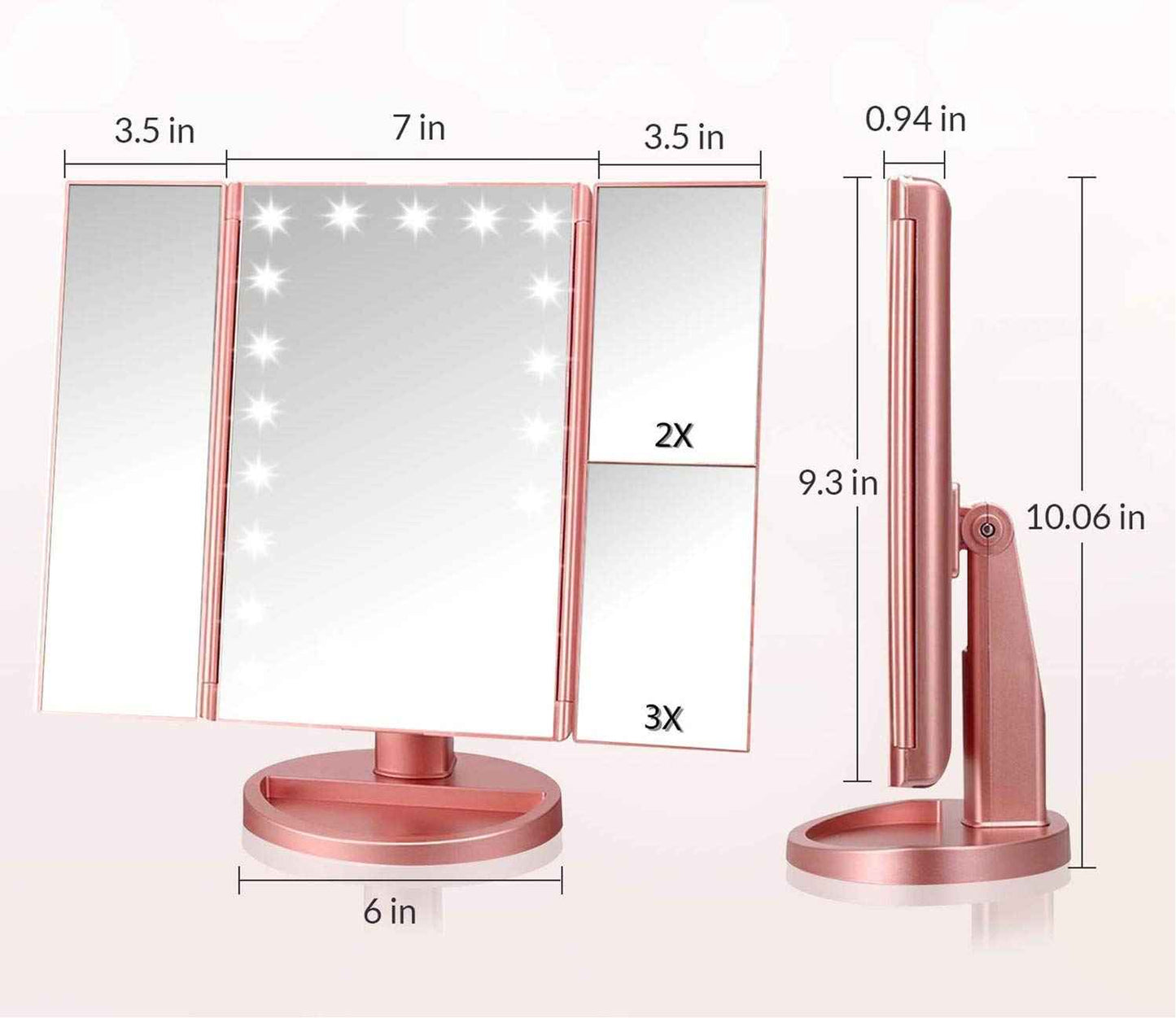Infitrans Trifold Makeup Mirror Vanity Mirror with Lights,1X 2X 3X Magnification,Touch Screen,180 Adjustable Rotation,Portable Travel Bathroom Cosmetic Mirror