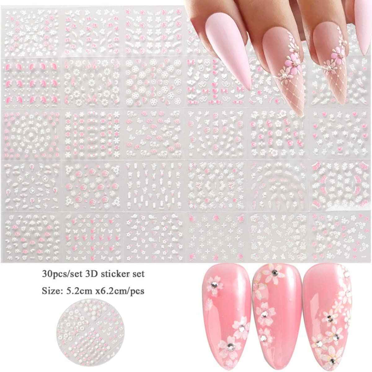 Flower Nail Art Stickers 3D Self Adhesive Pink White Nail Designs Nail Decals Nail Stickers Nail Art Supplies Pink Flower White Flower Nail Stickers for Nail Decorations Manicure Tips 30 Sheets