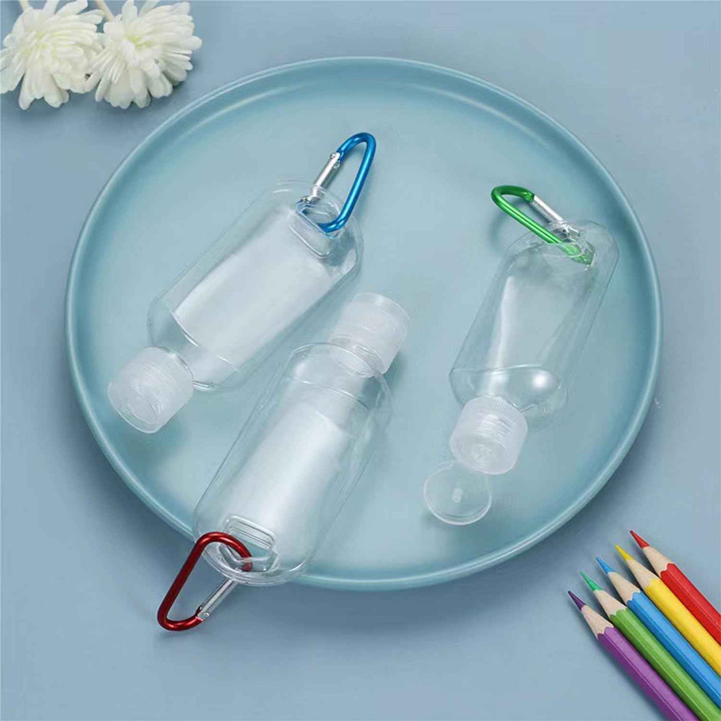 Ynaize 5 Pack Refillable Travel Plastic Bottles Containers with Clip Hand Sanitizer Travel Size Holder with Keychain Empty Bottles for Kids and Adult