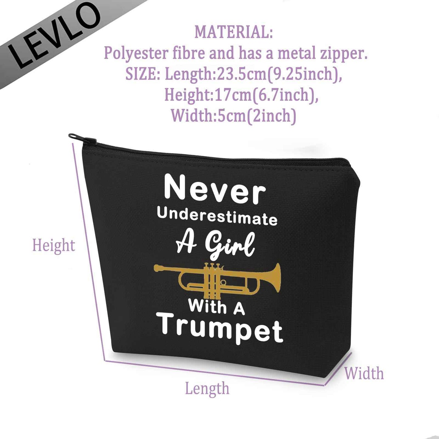 LELVO Funny Trumpet Gift Never Underestimate A Girl With A Trumpet Makeup Bags Trumpet Lovers Zipper Pouch (Girl With A Trumpet+black)