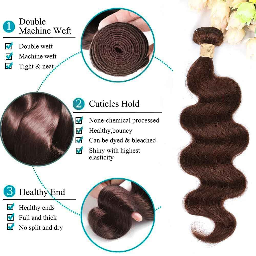 ALLRUN Brown Body Wave Bundle Human Hair 18 Inch Hair Weave Human Hair 1 Bundle 10A 100% Unprocessed Brazilian Remy Virgin Raw Hair Bundles Body Wave Extensions 4# Color Reddish Brown Hair