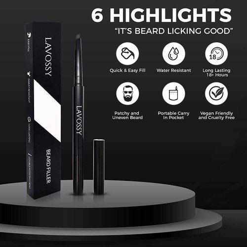 LAVOSSY Beard Pencil Filler for Men - Black, Pack of 3 - Long Lasting and Easy to Use with Blending Brush, Water/Sweat Proof, Fills Patchy Beard, Moneyback Promise