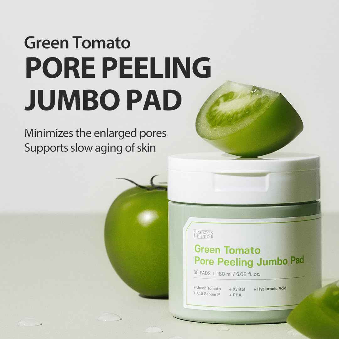 SUNGBOON EDITOR Green Tomato Pore Peeling Pad 60 Sheets | Exfoliating PHA Toner Pads with Green Tomato & Hyaluronic Acid | Pore Minimizer for Face | Korean Skincare