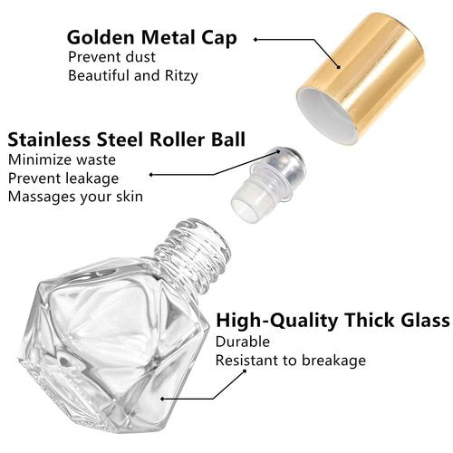 ELFULLY 36 Pack Essential Oil Roller Bottles, 8ml/0.27oz Empty Roll On Bottle, Glass Polygonal Roller Ball Applicator, Perfume Vials with Stainless Steel Roller Ball for Travel, 4 Dropper, 2 Funnel