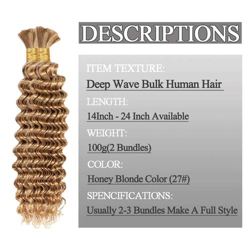 Deep Wave Bulk Human Hair For Braiding 16 Inch 100g/2Bundles No Weft Human Braiding Hair Extensions For Braids Honey Blonde Deep Wave Curly Bulk Human Hair 12A Wet And Wavy Human Hair Braiding Hair