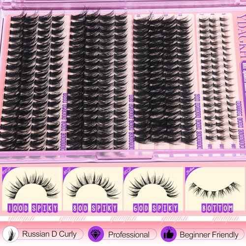 Volume Lash Clusters Spikes Cluster Eyelash Extensions 60D 80D 100D Thick Spiky Individuals Lashes 5-19mm Mega Wispy Eyelash Extension Fluff DIY D Curly Lash Extension with Bottom Lashes 296Pcs