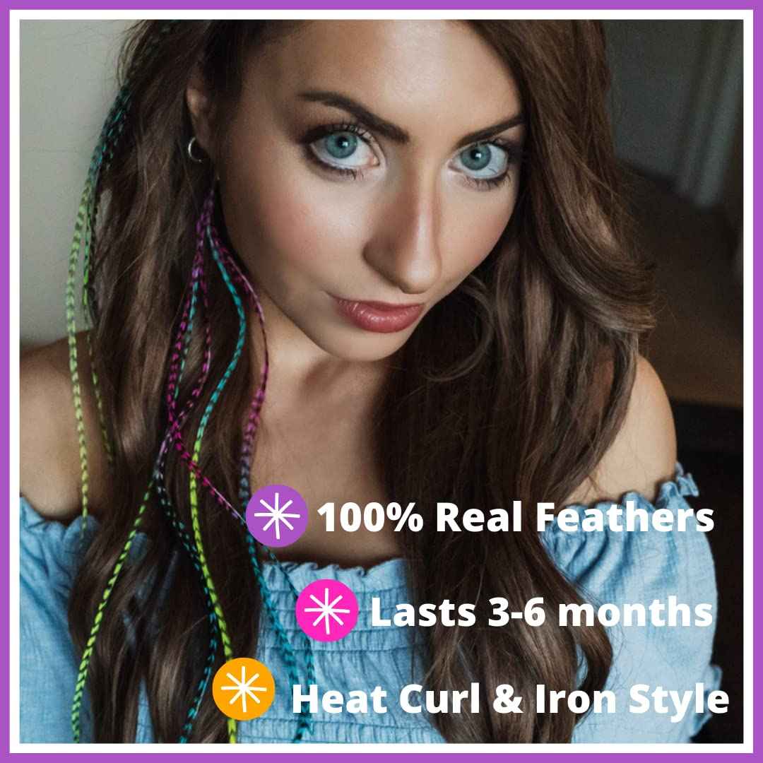 Hair Feathers in Rainbow Tie Dye Bright Colors, 20 Long Feathers with beads and loop tool DIY kit, Grizzly Rooster Feather Hair Extensions