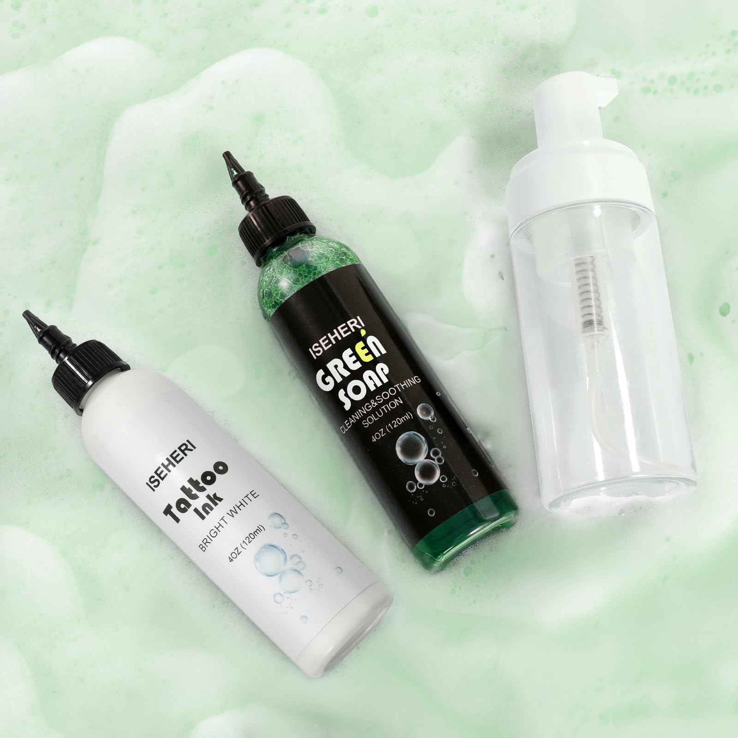 ISEHERI - Professional White Tattoo Ink & Ultra Concentrated Green Soap Tattoo, 4 oz with Foaming Bottle - Premium Quality Kit for Tattoo Artists