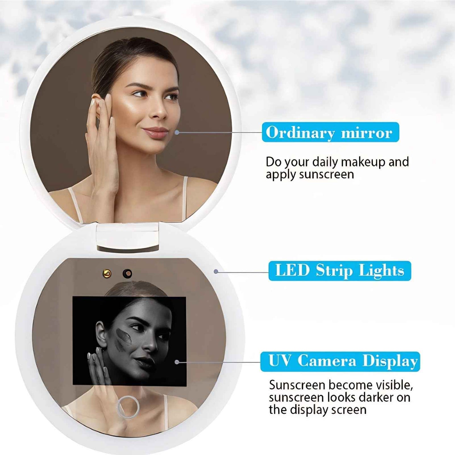 BONKZEBU Travel Mirror with Light,Intelligent Touch Control Brightness Adjustment Compact Mirror with Light,UV Camera Lens Testing Travel Mirror with Magnification,for Makeup Removal