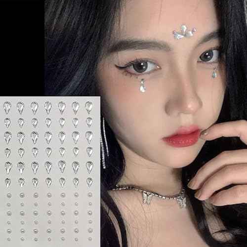 Face Gems Self-Adhesive Water Drop Rhinestone Jewels Stickers for Makeup, Teardrop Stick-on Pearls Hair Gems for Women Festival, Hair, Eye, Nail, Body Decorations Accessory