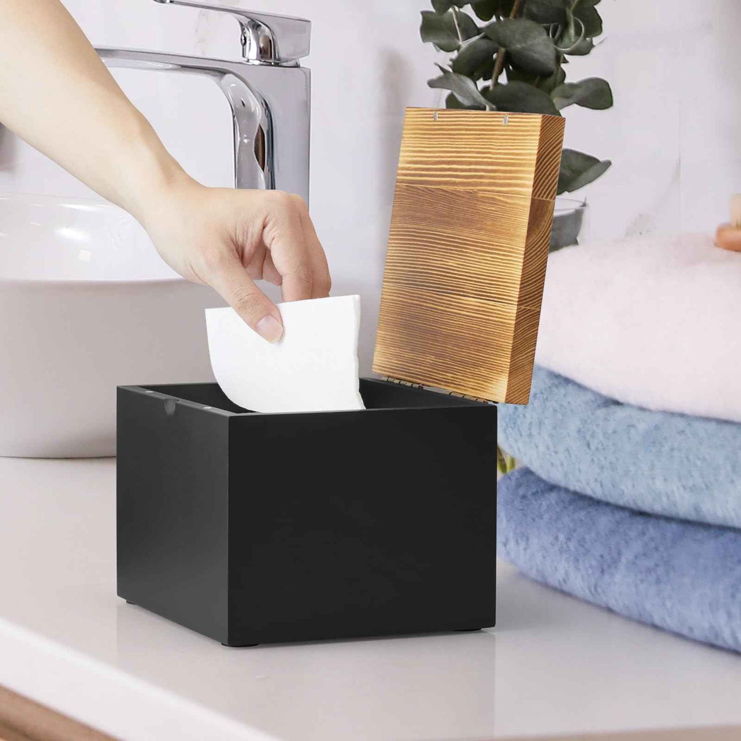 CMLKLZD Disposable Face Towel Holder, Wooden Box Compatible with Clean Towels XL(NOT Included), Black Container for Cleansing Facial Dry Wipes, Face Towelettes Bathroom Counter Storage
