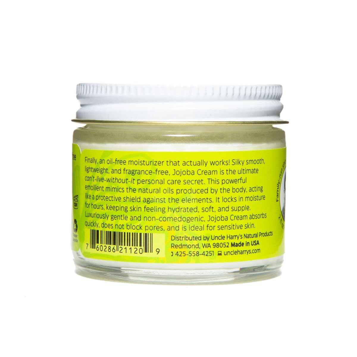 Uncle Harry's Natural Products Jojoba Cream, Smooth Lightweight Fragrance Free Jojoba Esters, Gentle and Non-Comedogenic Perfect for Sensitive Skin, Gluten and Hexane Free Vegan, 2 Ounce Glass Jar