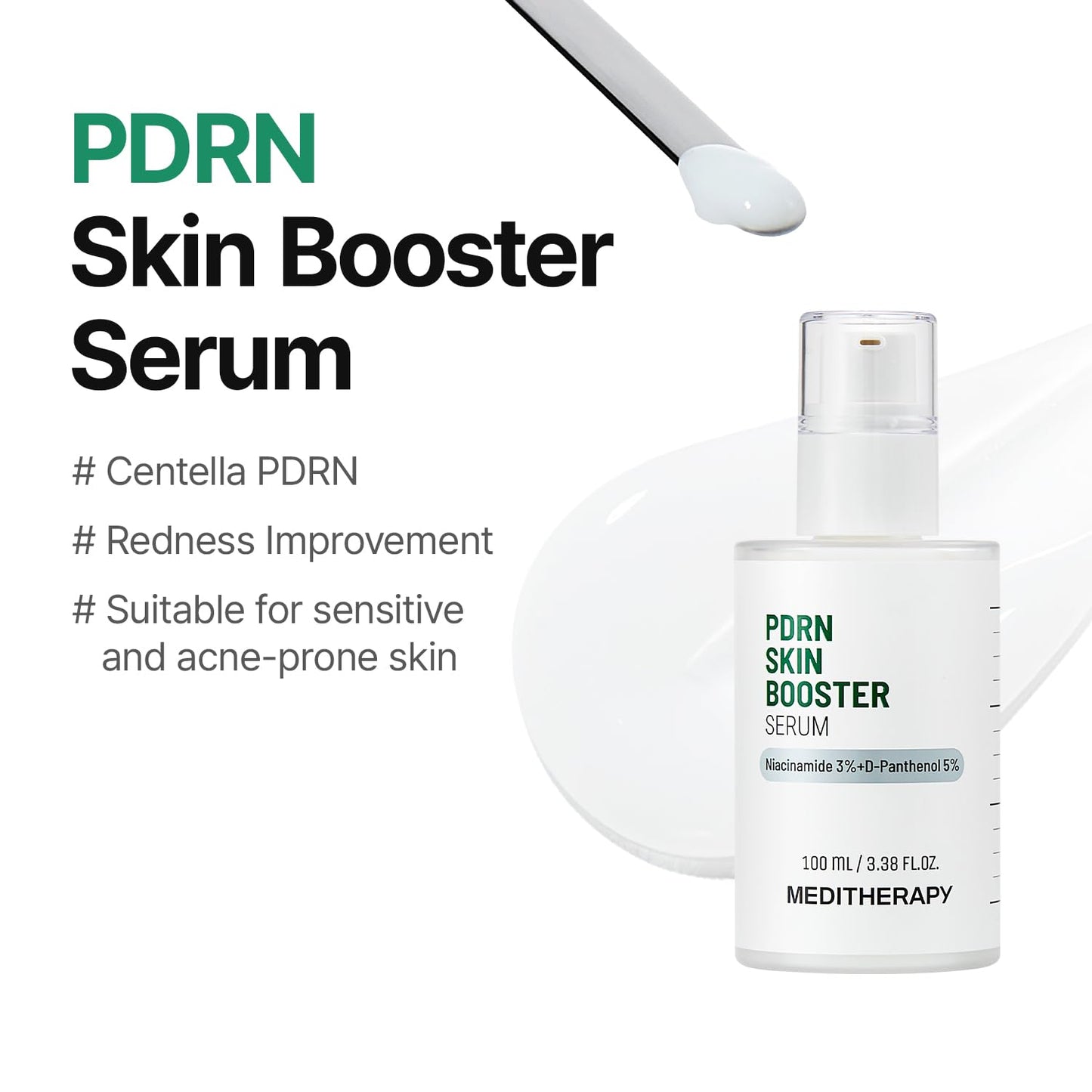 Meditherapy PDRN Skin Booster Serum – Centella PDRN & D-Panthenol for Redness Relief and Rejuvenation, Gentle Cica Facial Serum for Sensitive Care, Korean Skin Care, 100 ml (3.38 fl.oz)