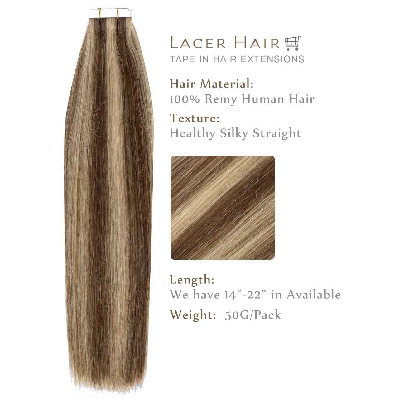 Lacer 16 Inch Natural Human Hair Tape in Extensions Chocolate Brown Highlights Light Golden Brown Invisible Double Sided Straight Tape in Hair Extensions Human Hair Black Women 50g 20pcs