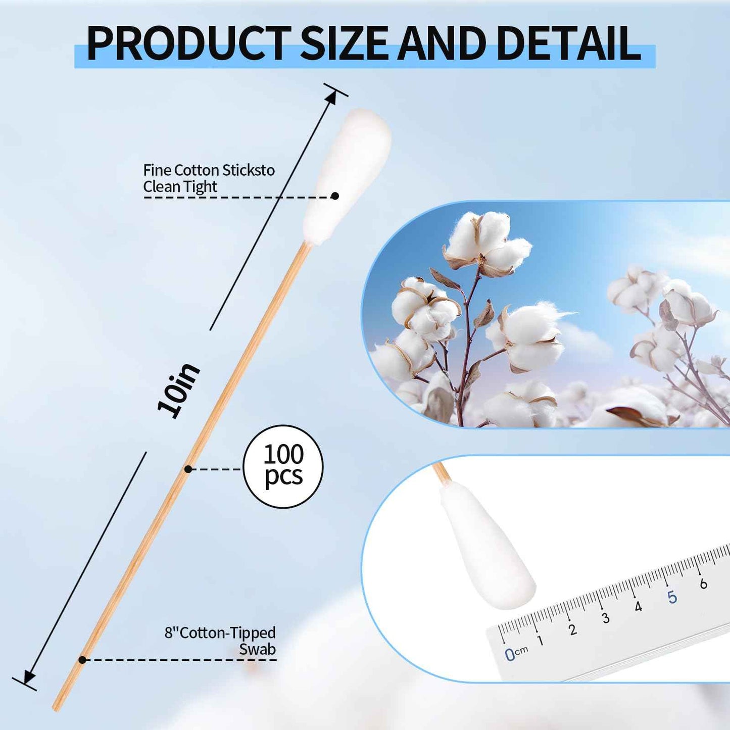 Long q Tips for Cleaning 10 Inch, 100pcs Cotton Swabs, Long 10" Cotton Tipped Applicators with Large 1/2" Diameter Swab - Non-sterile