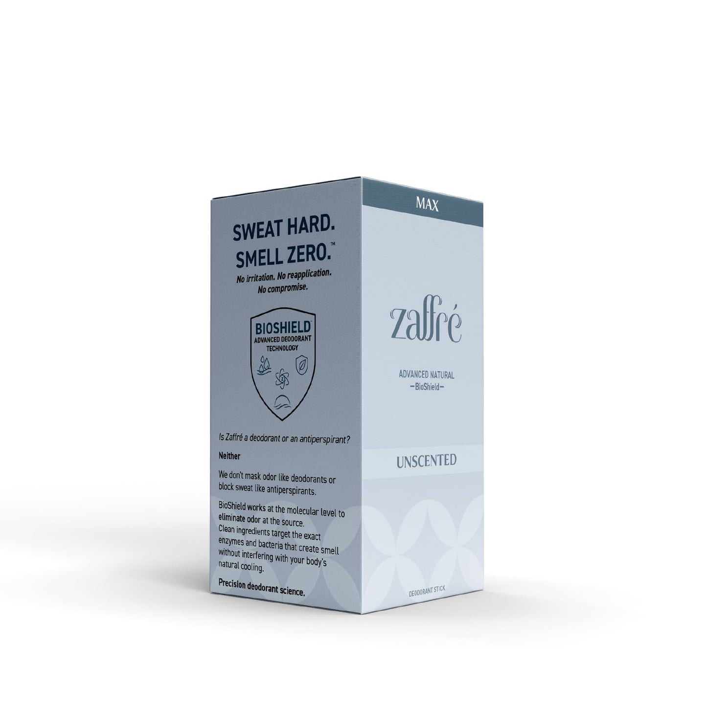Zaffré Max Natural Deodorant, Unscented, Aluminum-Free Odor Protection, Clinical-grade BioShield Technology, 3.2 oz