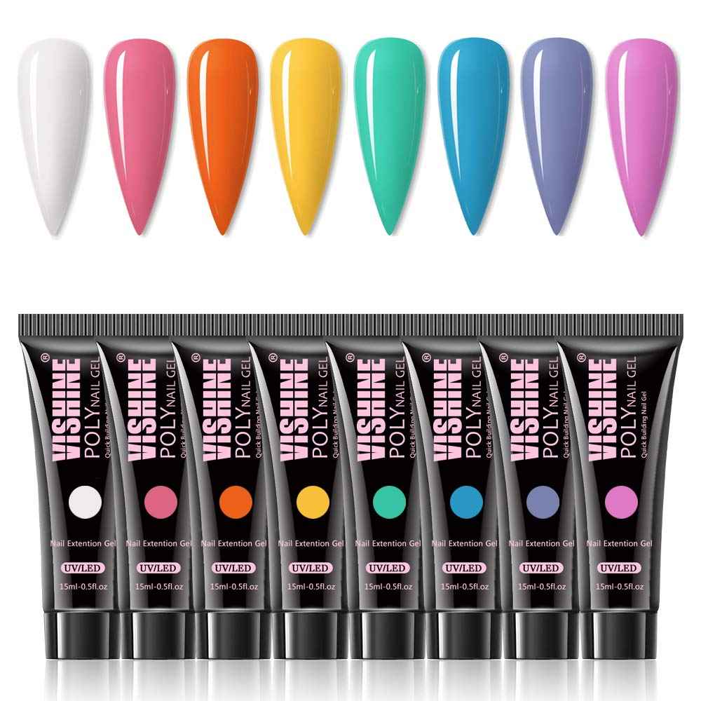 Vishine Poly Nail Extension Gel Kit - 8 Colors, 48W LED UV Lamp, Builder Gel, Slip Solution, Base Top Coat, Rhinestone Nail Manicure Beginner Starter Kit