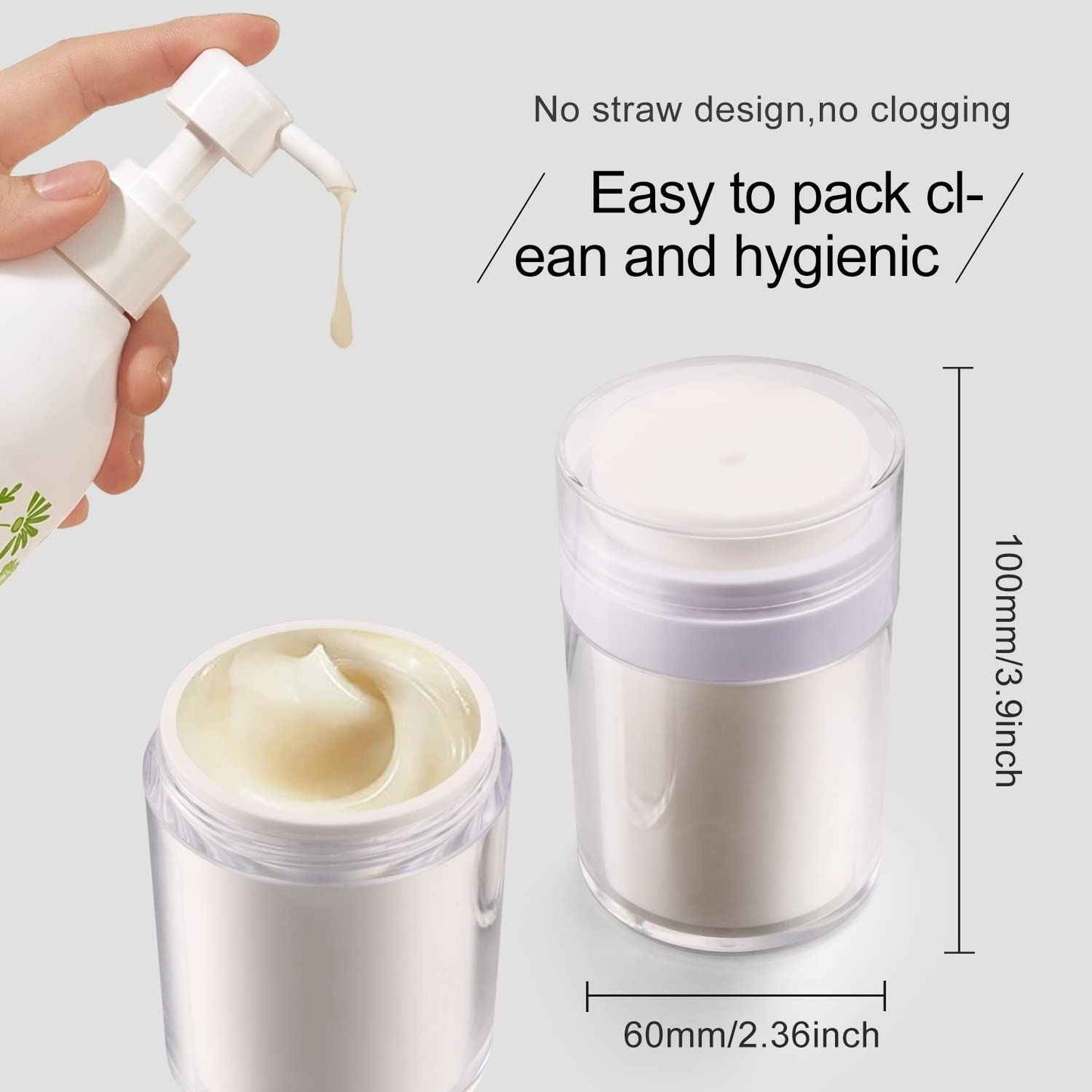 USRommaner 2 Pack 3.34 oz Airless Pump Jar,Empty Acrylic Vacuum Jar with Press Pump,Portable Travel Face Cream Lotion Container Pot for Makeup,Essence,Moisturizer,Eye Cream,Gel-Big,White